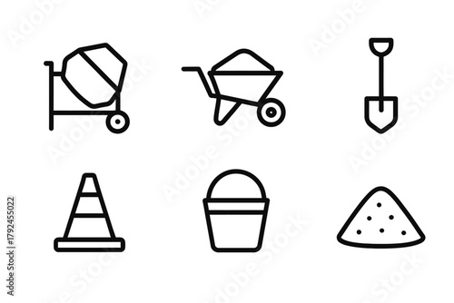 Construction tools icons: cement mixer, wheelbarrow, shovel, cone, bucket, sand pile