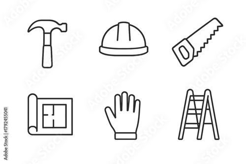 Construction tools: hammer, hard hat, saw, blueprint, glove, ladder icons