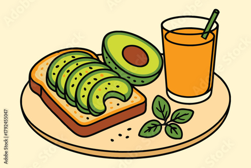 Healthy avocado toast with fresh juice and greens on a wooden board