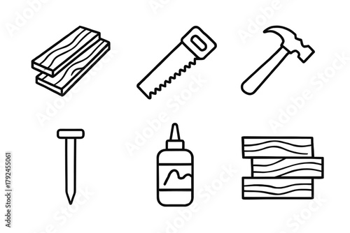 Construction tools and materials: saw, hammer, wood planks, nail, glue bottle icons