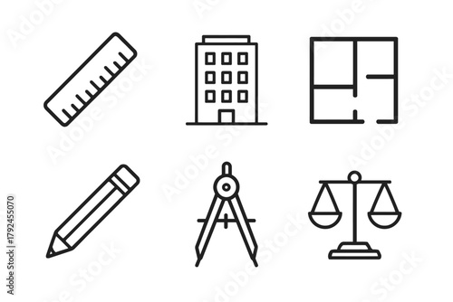 Architectural design tools icons including ruler pencil protractor and scales