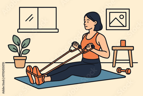 Woman doing resistance band exercises at home for fitness and strength