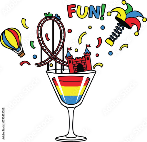 Amusement park elements bursting from cocktail glass with fun text hot air balloon and rollercoaster