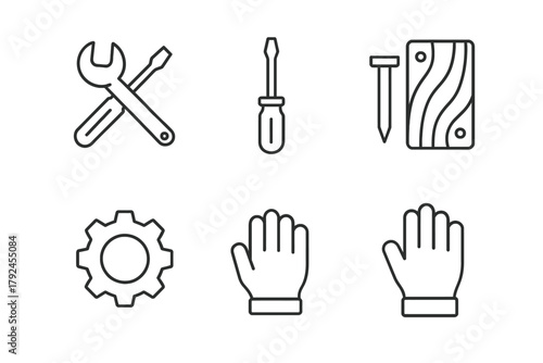 Minimalist icon set of tools, gear, and hands