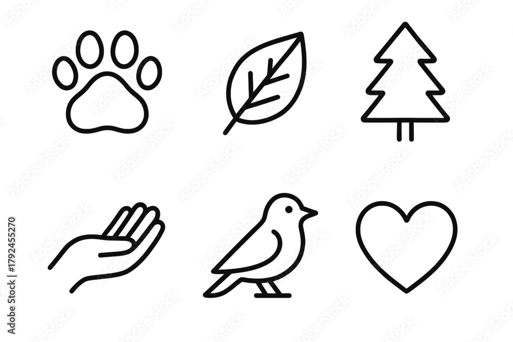 Fototapeta premium Nature icons: leaf, tree, bird, paw print, heart, and hand symbols in black and white