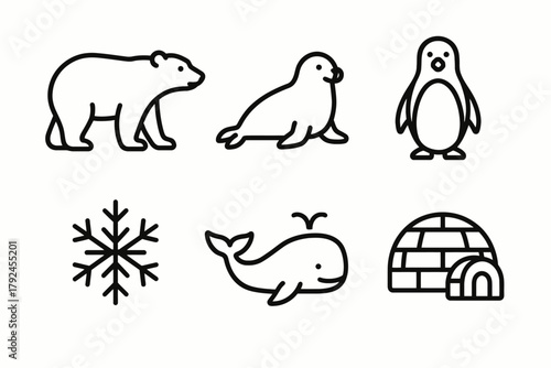 Arctic animals and symbols: polar bear, seal, penguin, snowflake, whale, igloo icons