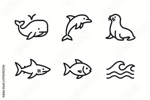 Simple black line icons of sea creatures: whale, dolphin, sea lion, shark, fish, waves