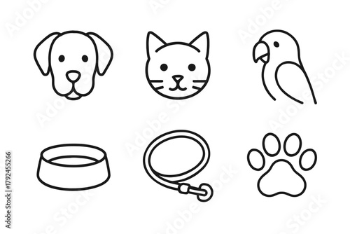 Simple animal icons set: dog, cat, parrot, collar, leash, paw print