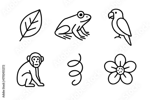 Outline icons: leaf, frog, parrot, monkey, swirl, flower