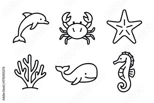 Marine life icons: dolphin, crab, starfish, coral, whale, seahorse