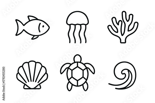 Marine life icons: fish, jellyfish, coral, shell, turtle, and wave line art