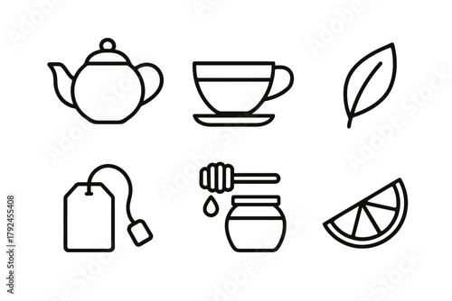 Tea essentials: teapot, cup, leaf, teabag, honey, lemon icon set