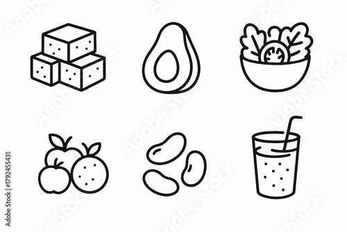 Healthy food icons: cheese, avocado, salad, fruits, beans, juice