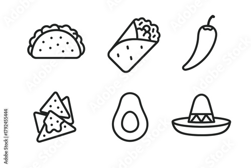 Mexican cuisine icons: taco, burrito, pepper, nachos, avocado, sombrero