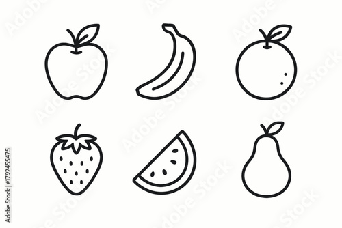 Simple line art fruits: apple, banana, orange, strawberry, watermelon, pear