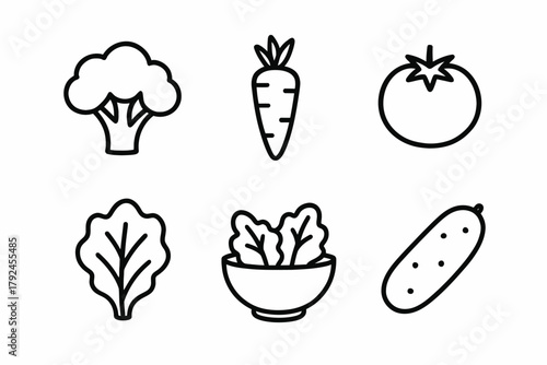 Outline icons of fresh vegetables: broccoli, carrot, tomato, lettuce, bowl, cucumber