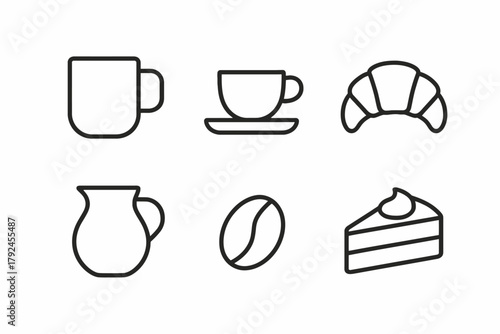 Coffee and pastry icons: mug, cup, croissant, jug, bean, cake