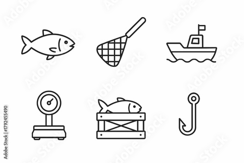 Fishing icons set: fish, net, boat, scale, crate, hook illustrations