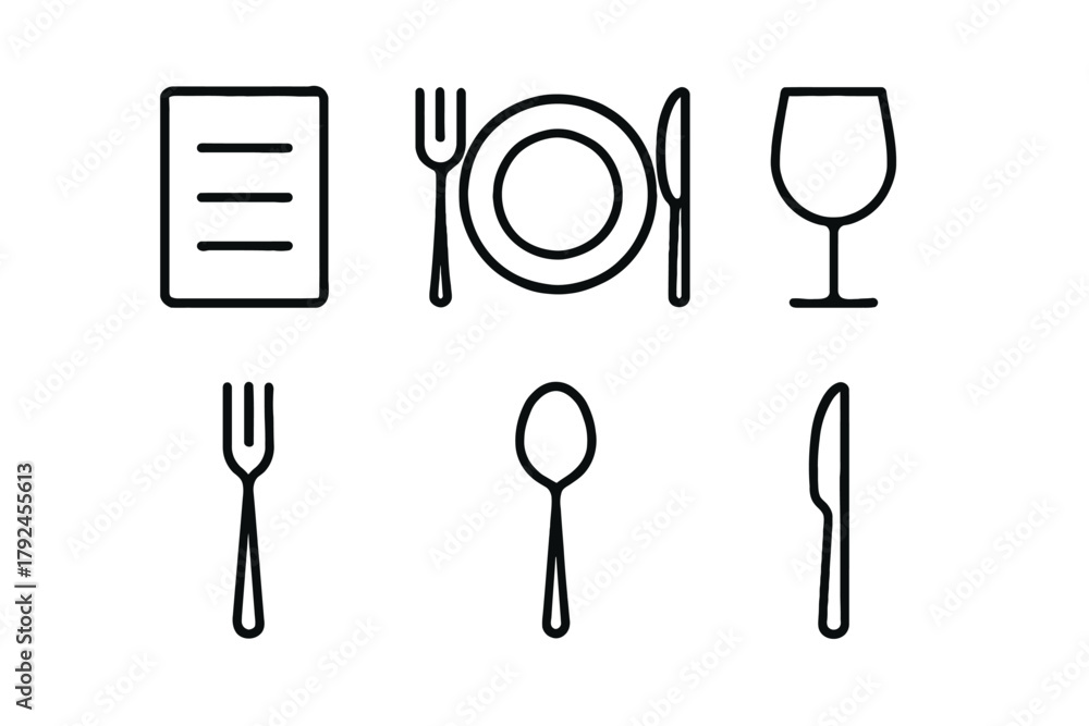 Fototapeta premium Minimalist dining icon set: plate, cutlery, glass and menu in simple black lines