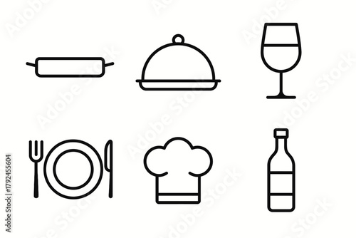 Kitchen utensils and dining icons: rolling pin, dome, wine glass, plate, chef hat, bottle