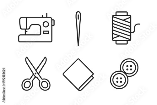 Sewing essentials: machine, needle, thread, scissors, fabric, buttons