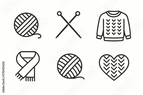 Knitting icons set: yarn balls, needles, sweater, scarf, heart pattern