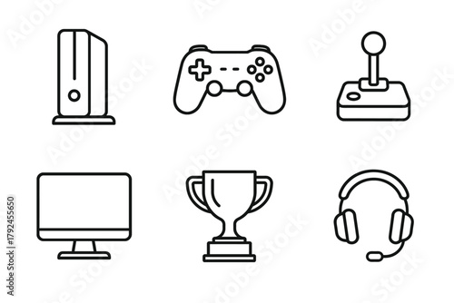 Minimalist icons of gaming devices and accessories: console, controller, joystick, monitor, trophy, headset