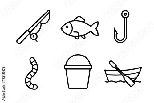 Fishing icons set: rod, fish, hook, worm, bucket, boat
