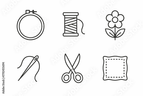 Sewing icons: embroidery needle thread scissors flower pattern