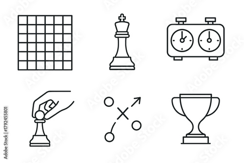 Chess symbols: board, king, clock, strategy, trophy