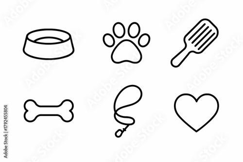 Simple black and white pet icon set including paw, bowl, bone, leash, scoop, heart