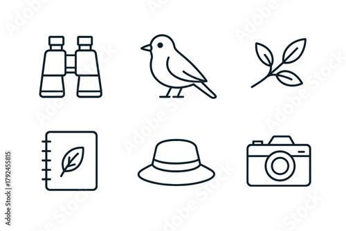 Nature exploration essentials: binoculars, bird, leaf, notebook, hat, camera icons