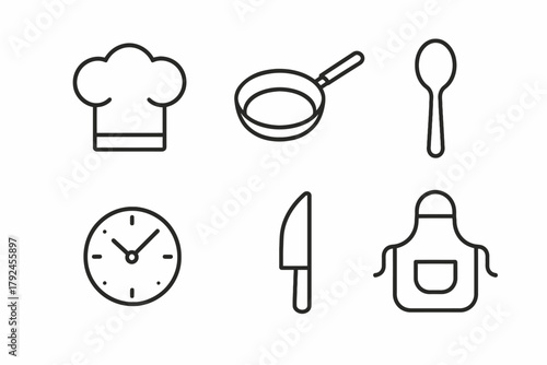 Cooking icon set with chef hat, frying pan, spoon, clock, knife, apron