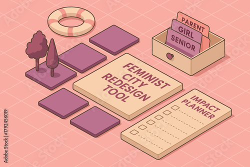 Feminist city redesign tool and impact planner on pastel grid background