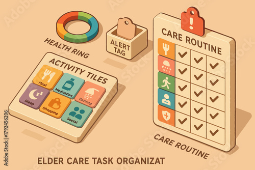 Elder care task organizer with activity tiles and care routine checklist