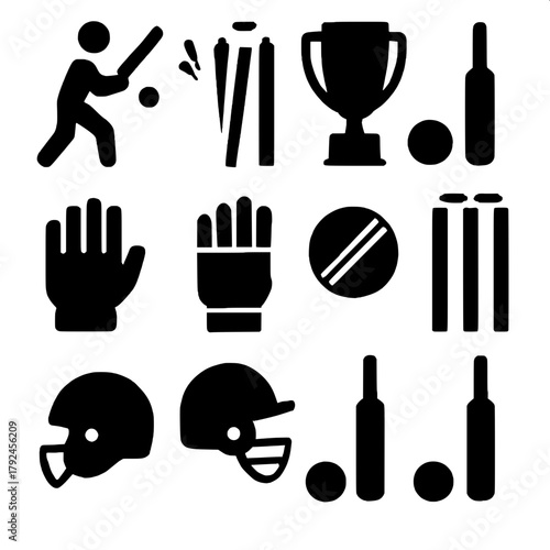 A black-and-white visual collection of cricket icons: a batter swinging, stumps being hit by a ball, a trophy, and other gear. Organized in three rows and four columns, all symbols are solid black aga
