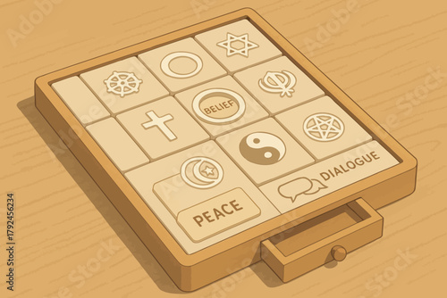 Wooden puzzle tray with symbols of world religions and concepts of peace