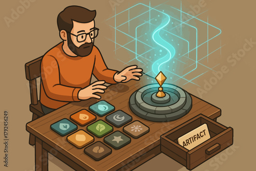 Young caucasian male explores magical artifacts on wooden table in game concept art
