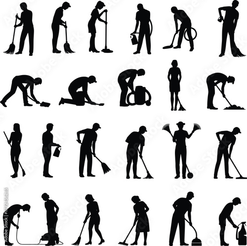 Cleaning worker silhouettes, people with tools, hygiene tasks, black shapes, sanitation activity, household chores, silhouette illustration, sweeping motion, mopping pose, janitorial scene