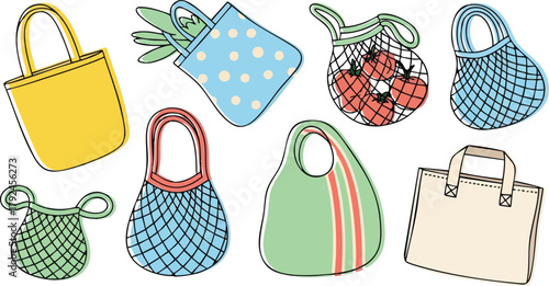 Assorted Reusable Shopping Bags in Various Colors and Patterns with Artistic Doodles