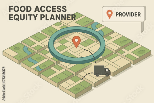 Food access equity planner map with location marker and delivery truck