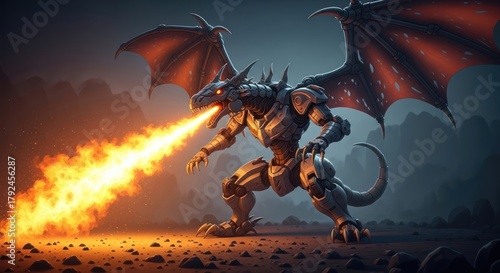 Futuristic Armored Dragon Breathing Fire in a Fantasy Landscape Setting Art
