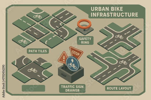 Urban bike infrastructure design with path tiles and traffic sign integration