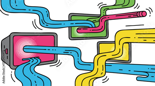 Abstract Digital Art Depicting Data Flow Between Devices With Colorful Tubes And Screens