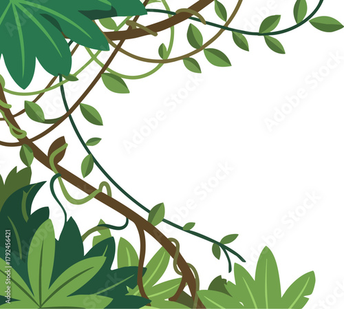 Lush Green Jungle Foliage and Vines with Brown Branches Against White Background