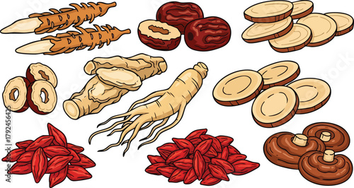 Assortment Of Dried Herbs And Roots Including Ginseng Goji Berries And Shiitake Mushrooms For Traditional Chinese Medicine