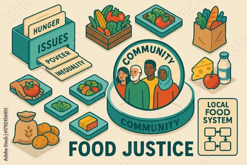 Community food justice concept with diverse group and local food system elements