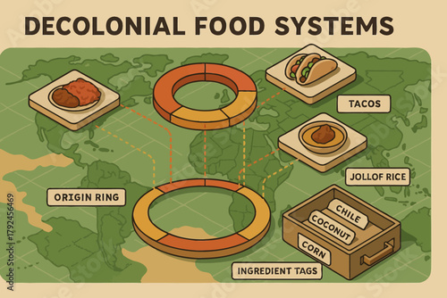 Decolonial food systems chart showing origin of tacos and jollof rice
