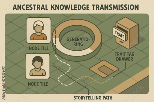 Ancestral knowledge transmission diagram with storytelling path and nodes