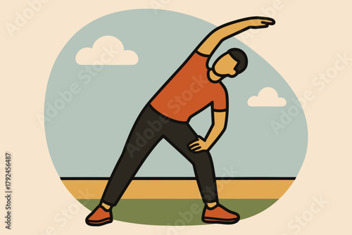 Man stretching outdoors on a sunny day with clouds in the sky